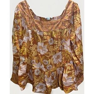 American Eagle Women Med Long Sleeve Top 70s Style Flower Orange Cottage Core